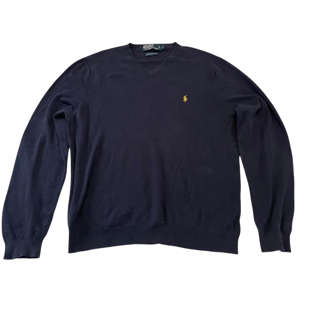 Polo Ralph Lauren Sweater Mens L V Neck Navy 100% Pima Cotton Embroidered Pony
